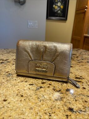 Coach Metallic Gold Leather Wallet with Logo Plaque